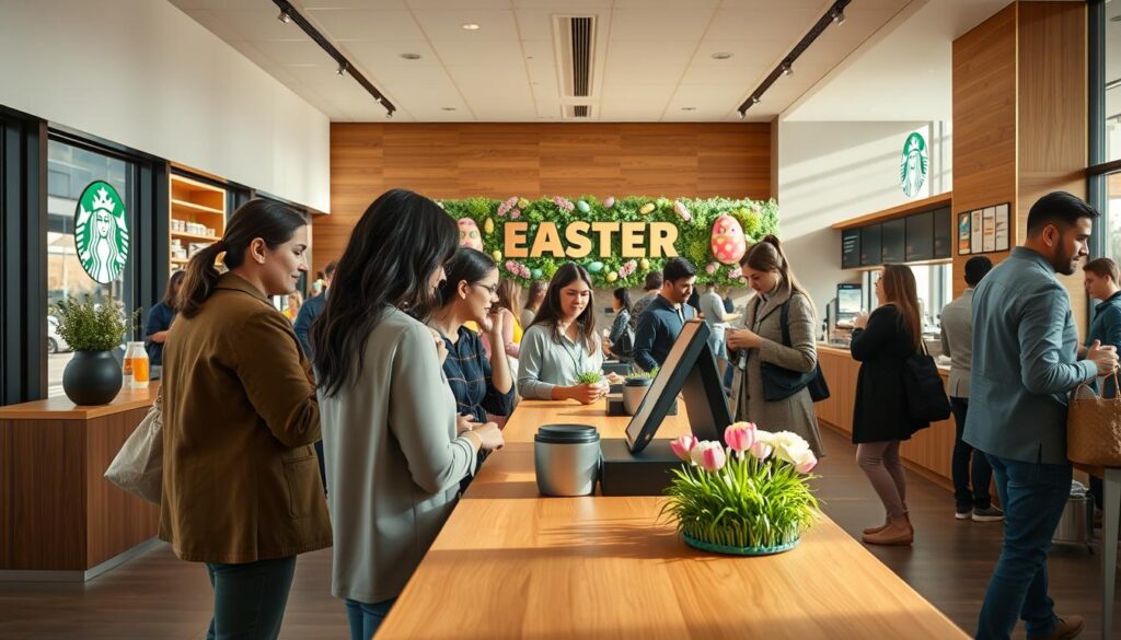 A Starbucks coffee shop on a sunny Easter weekend, with the mobile order pickup counter in the foreground. Soft, warm lighting illuminates the spacious, modern interior with its sleek, minimalist design and natural wood accents. Customers in spring attire wait patiently to retrieve their mobile orders, their faces conveying a sense of convenience and satisfaction. The background features a vibrant display of colorful Easter decorations, creating a festive and welcoming atmosphere. A detailed, high-resolution image, captured with a wide-angle lens to showcase the entirety of the scene.