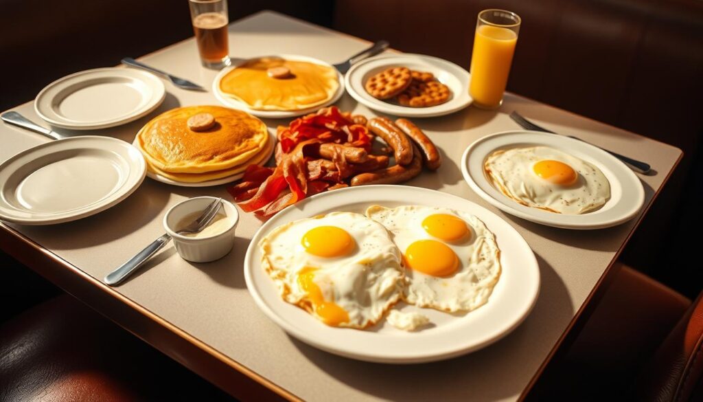 A beautifully lit diner table, pristine white plates and silverware arranged precisely. In the center, a sumptuous spread of Denny's classic Grand Slam breakfast options - fluffy golden pancakes, crispy bacon strips, savory sausage links, and perfectly cooked eggs in various preparations. The table is bathed in warm, soft lighting, creating a cozy, inviting atmosphere. The scene is captured from a slightly elevated angle, showcasing the tantalizing array of breakfast delights in all their glory. The overall mood is one of comfort, indulgence, and the anticipation of a delicious, satisfying meal to start the day.