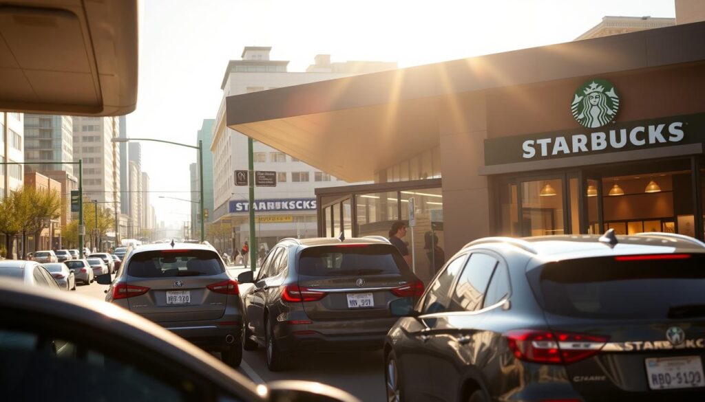 A bright, sun-drenched Starbucks drive-thru and in-store setting, captured from an angled perspective. In the foreground, a sleek drive-thru lane with cars lined up, their occupants eagerly waiting to receive their orders. In the middle ground, the Starbucks storefront emerges, its iconic green logo and cozy atmosphere beckoning passersby. The background showcases a bustling urban landscape, with buildings and pedestrians creating a vibrant, city-like ambiance. The lighting is warm and natural, casting a golden glow over the scene, highlighting the differences in operating hours and accessibility between the drive-thru and in-store experiences.