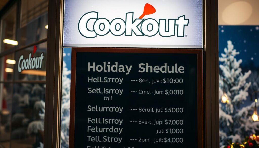 A bright, well-lit storefront display showcases a menu board with the "Cookout" logo. The board lists the holiday hours and closing times in bold, legible text. The background features a festive winter scene with snow-capped trees and a clear, starry night sky. The warm, inviting atmosphere is enhanced by subtle lighting that casts a soft glow over the scene. The composition emphasizes the holiday schedule information as the central focus, conveying a sense of anticipation and readiness for the upcoming festivities. The overall tone is one of holiday cheer and convenience for the customers.