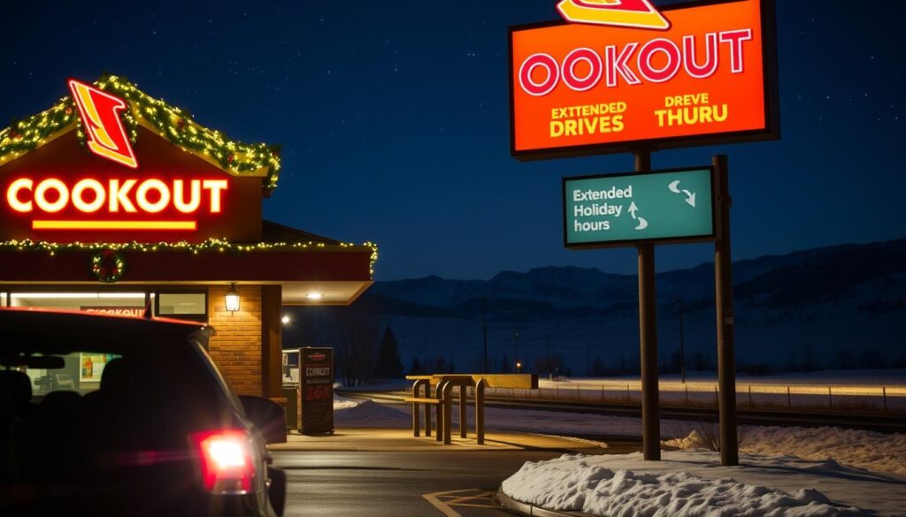 A brightly lit Cookout drive-thru at night, decorated with festive holiday lights and wreaths. In the foreground, a car is pulling up to the order window, its occupants visible through the headlights. The middle ground showcases the drive-thru menu board, illuminated by warm lighting, highlighting the extended holiday hours. The background features a snowy winter landscape, with distant mountains silhouetted against a starry sky. The scene conveys a sense of holiday cheer and the convenience of Cookout's drive-thru service during the holiday season.