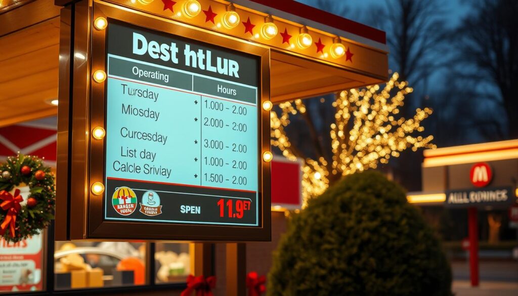 A brightly lit, high-angle view of a classic American drive-thru menu board, showcasing the operating hours for a popular fast-food chain's drive-thru service. The board is illuminated by warm, inviting lights, creating a cozy, festive atmosphere. The menu items are clearly visible, with attention-grabbing graphics and bold typography. In the background, a partially visible restaurant facade and the lush greenery of a well-maintained landscape create a sense of place. The overall composition conveys a welcoming, convenient, and holiday-ready dining experience for the on-the-go customer.