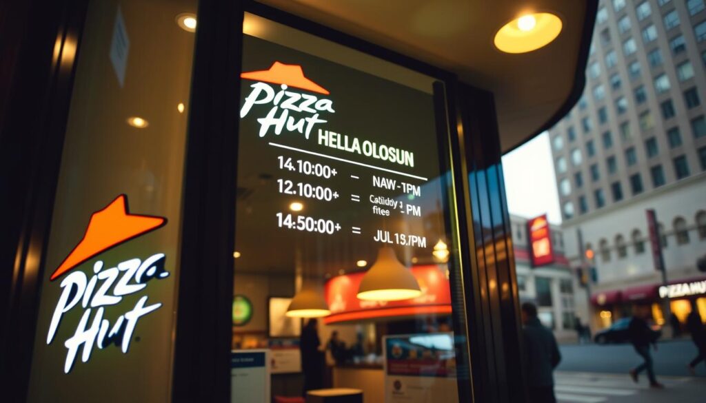 A brightly lit, modern Pizza Hut storefront with a prominent delivery hours sign displayed in the window. The sign features a clean, minimalist design with clear, legible text showcasing the delivery service hours in an eye-catching manner. The scene is bathed in warm, inviting lighting, creating a welcoming atmosphere. In the foreground, the Pizza Hut logo and branding elements are visible, subtly reinforcing the brand identity. The middle ground features the delivery hours information, while the background depicts a bustling urban street scene, suggesting the availability and convenience of the Pizza Hut delivery service. A brightly lit, modern Pizza Hut storefront with a prominent delivery hours sign displayed in the window. The sign features a clean, minimalist design with clear, legible text showcasing the delivery service hours in an eye-catching manner. The scene is bathed in warm, inviting lighting, creating a welcoming atmosphere. In the foreground, the Pizza Hut logo and branding elements are visible, subtly reinforcing the brand identity. The middle ground features the delivery hours information, while the background depicts a bustling urban street scene, suggesting the availability and convenience of the Pizza Hut delivery service.