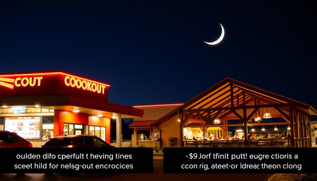 A brightly lit outdoor scene, showcasing the drive-thru and dining room of a Cookout restaurant. In the foreground, a modern, well-designed drive-thru with multiple order lanes and a prominent menu board. In the middle ground, the main dining room with its cozy, rustic-chic aesthetic, bustling with patrons enjoying their late-night BBQ feast. The background features a clear night sky, with a crescent moon casting a soft, ambient glow over the entire scene. The lighting is warm and inviting, creating a welcoming atmosphere. The composition emphasizes the contrast between the convenience of the drive-thru and the leisurely dining experience, highlighting the different closing times for each.