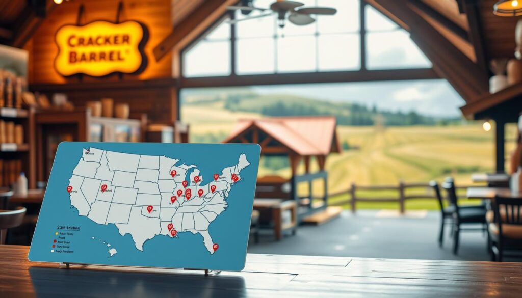 A brightly lit, well-stocked Cracker Barrel store locator display, showcasing a map of the United States with pinpointed locations of the iconic country-style restaurant chain. The foreground features a clean, modern interface with intuitive navigation options, allowing users to easily find the nearest Cracker Barrel. The middle ground depicts the familiar Cracker Barrel aesthetic, with warm, rustic wooden accents and cozy, inviting ambiance. In the background, a picturesque countryside scene sets the mood, hinting at the relaxed, nostalgic atmosphere that embodies the Cracker Barrel brand. The lighting is natural and diffused, creating a welcoming, homey atmosphere. The overall composition emphasizes the user-friendly accessibility of the store locator, inviting the viewer to explore and discover their local Cracker Barrel.