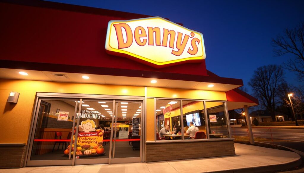 A brightly lit, wide-angle view of a Denny's restaurant exterior, its iconic red, white, and blue signage clearly visible. The foreground features the restaurant's entrance, with automatic sliding doors and a welcoming, Thanksgiving-themed display in the window. The middle ground showcases the restaurant's seating area through the glass, with customers enjoying their meals. The background sets the scene with a suburban landscape, including trees and a clear sky. The lighting is warm and inviting, creating a cozy, holiday atmosphere. The image captures the essence of Denny's as a family-friendly dining destination, ready to welcome guests for the Thanksgiving holiday.