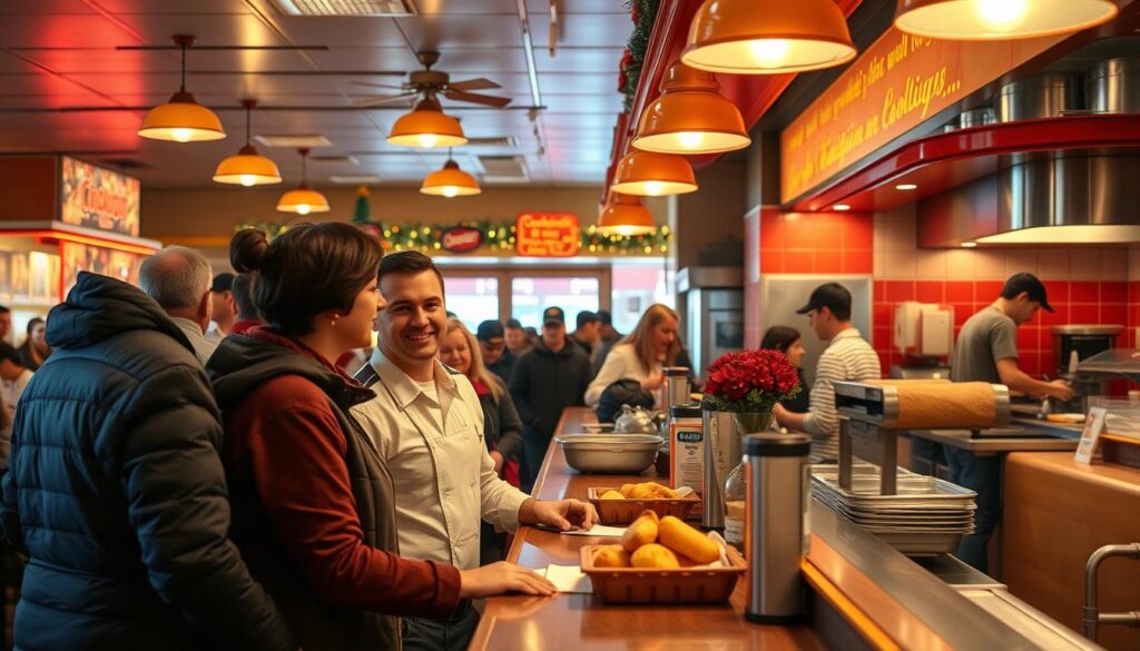 A bustling Cookout restaurant on Thanksgiving Day, customers patiently waiting in line at the counter. The scene is bathed in warm, golden lighting from overhead lamps, casting a cozy ambiance. In the foreground, a friendly employee in a crisp uniform assists a family, their faces alight with appreciation. The middle ground showcases the classic Cookout decor - bright red and white color scheme, metal trimmings, and retro-style booths. In the background, the kitchen team works diligently, preparing delectable holiday meals. An air of cheerful holiday spirit permeates the space, as the Cookout team provides exemplary customer service on this special occasion. A bustling Cookout restaurant on Thanksgiving Day, customers patiently waiting in line at the counter. The scene is bathed in warm, golden lighting from overhead lamps, casting a cozy ambiance. In the foreground, a friendly employee in a crisp uniform assists a family, their faces alight with appreciation. The middle ground showcases the classic Cookout decor - bright red and white color scheme, metal trimmings, and retro-style booths. In the background, the kitchen team works diligently, preparing delectable holiday meals. An air of cheerful holiday spirit permeates the space, as the Cookout team provides exemplary customer service on this special occasion.