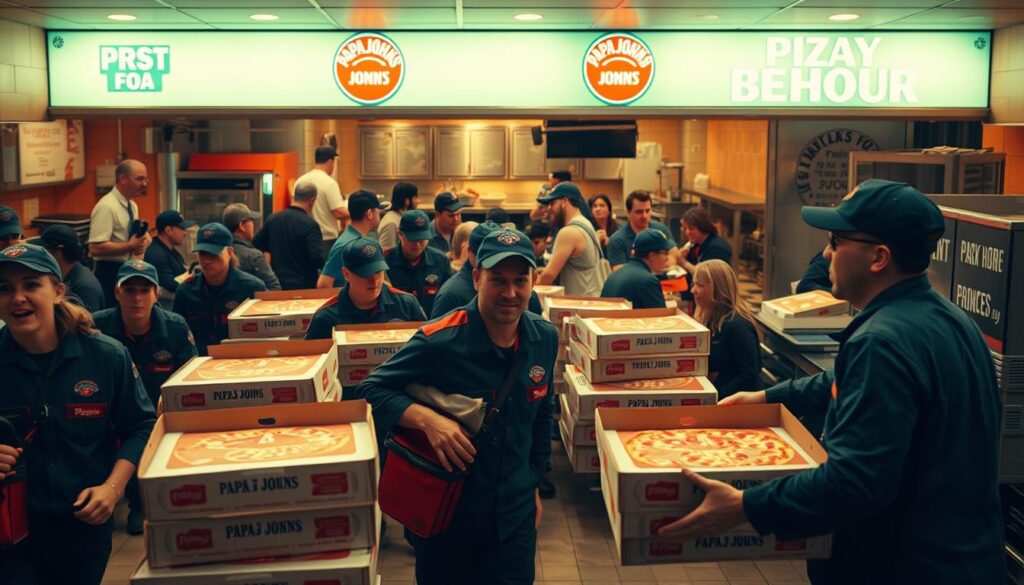 A bustling Papa John's delivery hub during peak hours, bathed in the warm glow of overhead lighting. In the foreground, a fleet of delivery drivers in uniform hurry to load up their vehicles with steaming hot pizza boxes, their faces etched with a sense of urgency. In the middle ground, the counter teems with customers eagerly awaiting their orders, their expressions a mix of anticipation and hunger. In the background, the kitchen staff work tirelessly, their movements a synchronized dance as they assemble each pie with precision. The atmosphere is electric, a symphony of sizzling ovens, ringing phones, and the occasional cheer as an order is fulfilled and rushed out the door, all captured through a cinematic, slightly tilted camera angle.