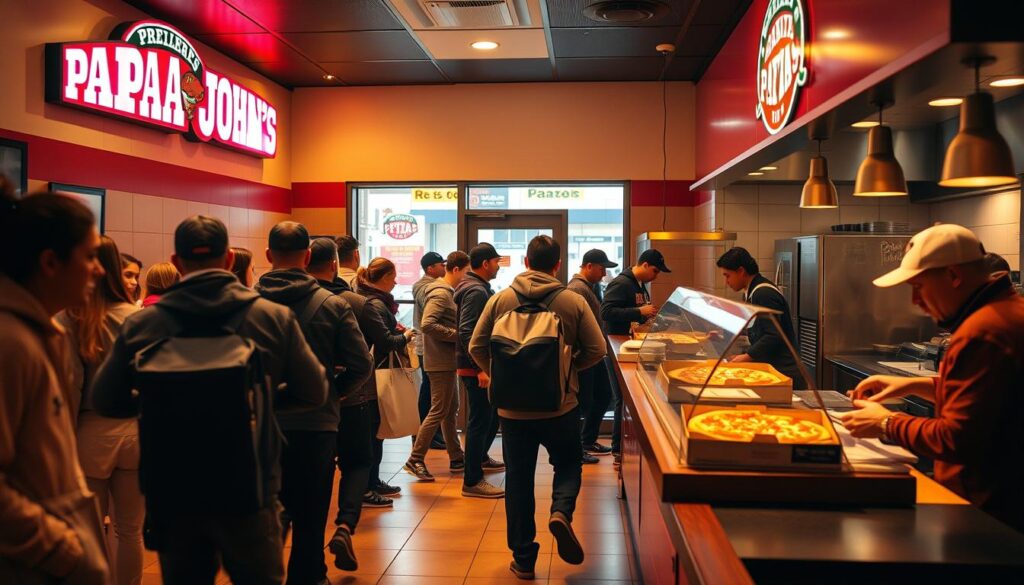A bustling Papa John's pizza delivery store during peak hours, with delivery drivers rushing in and out, customers lined up at the counter, and the kitchen staff working diligently to keep up with the orders. The scene is bathed in warm, golden lighting, creating a cozy and inviting atmosphere. The camera captures the dynamic energy of the moment, with the framing focusing on the interplay of the various elements - the drivers grabbing their deliveries, the cashiers efficiently handling transactions, and the chefs skillfully assembling the pizzas. The overall impression is one of a well-oiled machine, where efficiency and customer service take center stage during the busiest times of the day.