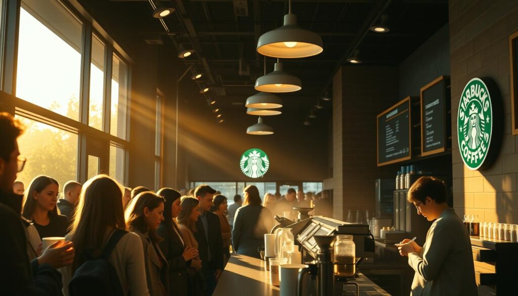 A bustling Starbucks cafe at dawn, the aroma of freshly brewed coffee filling the air. Customers line up eagerly, eager to start their day with a warm cup of their favorite brew. The baristas behind the counter work diligently, crafting each order with precision and care. Soft, natural lighting filters through the large windows, casting a golden glow over the scene. The cafe's cozy, inviting atmosphere is complemented by the hustle and bustle of the early morning rush, creating a vibrant and energetic setting. High-quality, detailed rendering, photorealistic, cinematic lighting, dynamic composition. A bustling Starbucks cafe at dawn, the aroma of freshly brewed coffee filling the air. Customers line up eagerly, eager to start their day with a warm cup of their favorite brew. The baristas behind the counter work diligently, crafting each order with precision and care. Soft, natural lighting filters through the large windows, casting a golden glow over the scene. The cafe's cozy, inviting atmosphere is complemented by the hustle and bustle of the early morning rush, creating a vibrant and energetic setting. High-quality, detailed rendering, photorealistic, cinematic lighting, dynamic composition.