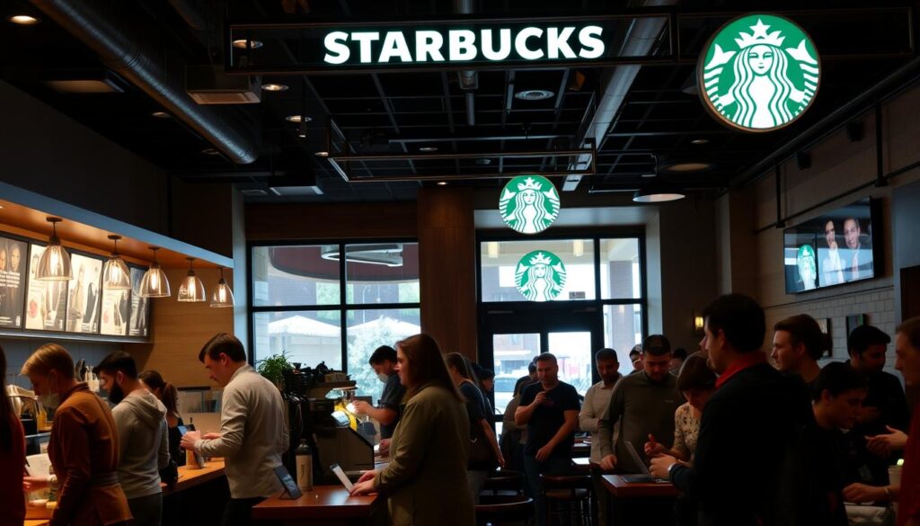 A bustling Starbucks café during peak hours, with a warm and inviting atmosphere. Patrons lining up at the counter, their faces illuminated by the soft glow of the lighting. Baristas efficiently crafting drinks, their movements a synchronized dance. The middle ground showcases the cozy seating area, with customers engrossed in conversation or typing away on their laptops. In the background, the iconic Starbucks signage stands out, hinting at the brand's recognizable presence. The scene conveys a sense of energy and productivity, capturing the optimal times for visiting the local Starbucks café. A bustling Starbucks café during peak hours, with a warm and inviting atmosphere. Patrons lining up at the counter, their faces illuminated by the soft glow of the lighting. Baristas efficiently crafting drinks, their movements a synchronized dance. The middle ground showcases the cozy seating area, with customers engrossed in conversation or typing away on their laptops. In the background, the iconic Starbucks signage stands out, hinting at the brand's recognizable presence. The scene conveys a sense of energy and productivity, capturing the optimal times for visiting the local Starbucks café.