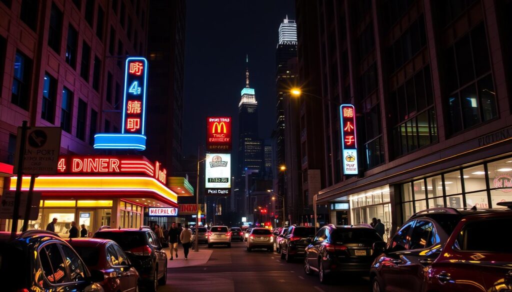 A bustling city street at night, dimly lit by neon signs and streetlamps. In the foreground, a vibrant 24-hour diner with a classic retro aesthetic, its windows aglow with warm yellow light. Parked cars line the curb, and pedestrians hurry by on the sidewalk. In the middle ground, a modern fast-food restaurant, its drive-thru service open late. In the background, a towering skyscraper skyline, the city never sleeping. The scene conveys a sense of urban energy and the need for convenient, round-the-clock dining options.