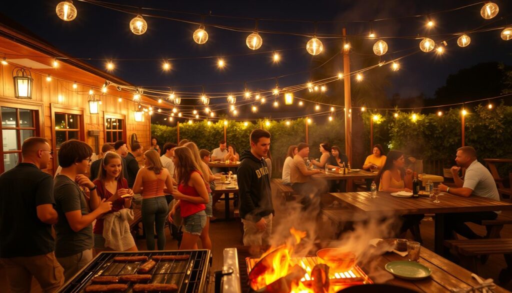 A bustling late-night cookout scene, illuminated by the warm glow of twinkling string lights and lanterns. In the foreground, a lively group of friends gathered around a sizzling grill, enjoying juicy burgers, hot dogs, and grilled veggies. The middle ground features a cozy seating area with rustic wooden tables and benches, where patrons savor their meals and engage in lively conversation. In the background, a backdrop of lush greenery and a starry night sky create a serene and inviting atmosphere. The overall mood is one of relaxation, community, and the unparalleled joy of late-night outdoor dining.