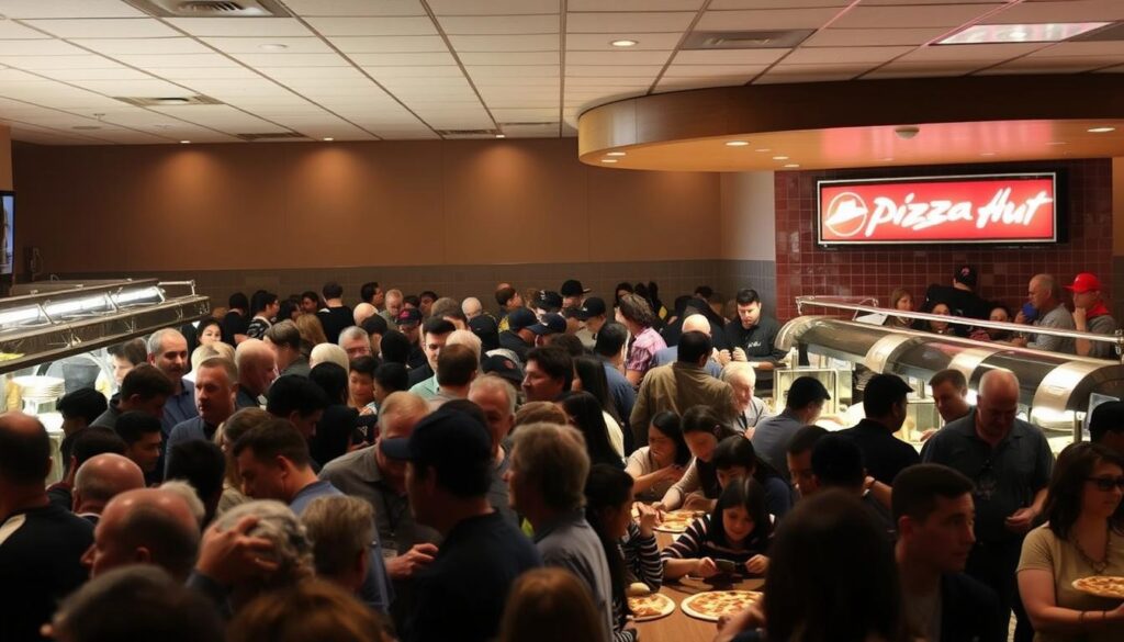 A bustling pizza buffet scene, captured during peak dining hours. A crowded dining area, filled with patrons eagerly awaiting their turn at the buffet. The foreground showcases a long line of customers, faces lit by the warm glow of overhead lighting, creating a cozy, inviting atmosphere. In the middle ground, tables are occupied by families and groups, engaged in lively conversations over steaming slices of pizza. The background reveals the buffet itself, an array of tempting pies waiting to be devoured. The scene conveys a sense of energy and anticipation, reflecting the popularity and appeal of the Pizza Hut buffet experience.