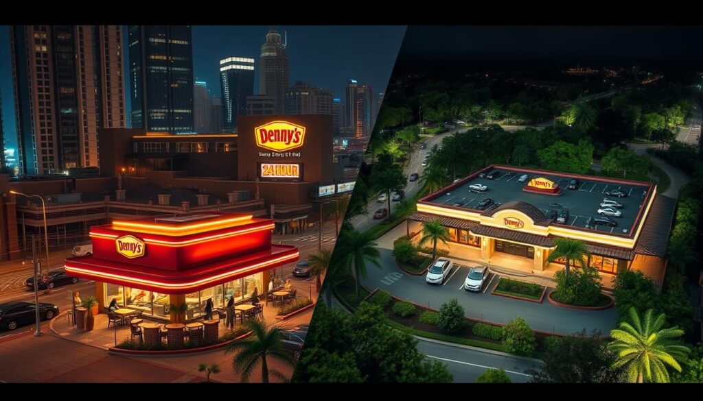 A bustling urban Denny's diner nestled between towering skyscrapers, neon signs illuminating the night sky. Across the street, a spacious suburban Denny's surrounded by a sprawling parking lot and lush greenery. The urban location exudes a vibrant, 24-hour energy, while the suburban outpost has a more relaxed, family-friendly vibe. Warm lighting casts a cozy glow, inviting patrons to savor classic diner fare. Intricate architectural details and lush landscaping create a visually striking contrast, reflecting the divergent operating hours of these two Denny's establishments.