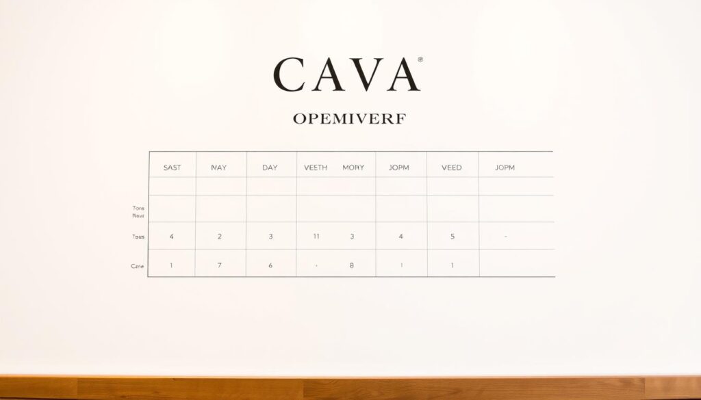 A clean, minimalist line chart displaying the weekly operating hours for Cava restaurant, contrasting the weekday and weekend schedules. The chart is set against a plain white background, with soft, warm lighting illuminating the elegant typeface and precise data visualizations. The composition is balanced, with the chart positioned centrally and ample negative space surrounding it, creating a sense of clarity and focus. The overall aesthetic is contemporary and professional, befitting the high-quality dining establishment featured in the article.