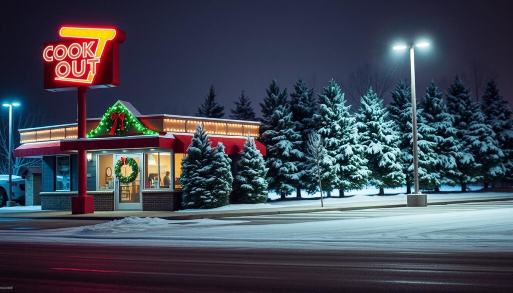 A cozy Christmas scene featuring the iconic Cook Out fast-food restaurant, its neon sign illuminating the night sky. The restaurant's facade stands in the foreground, its festive red and green exterior adorned with a wreath and twinkling holiday lights. In the middle ground, a light dusting of snow covers the sidewalk and parking lot, creating a serene and wintry atmosphere. The background features a row of snowcapped evergreen trees, casting long shadows and framing the scene. The lighting is soft and warm, evoking the holiday spirit, with a gentle glow emanating from the restaurant's windows. The overall mood is one of anticipation and celebration, hinting at the limited holiday hours and the need to plan accordingly.