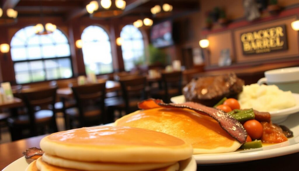 A cozy Cracker Barrel restaurant interior, bathed in warm, inviting lighting. In the foreground, a delectable breakfast spread - fluffy pancakes, crisp bacon, and a steaming cup of coffee, contrasting with a hearty dinner plate in the background, featuring a juicy roast beef, mashed potatoes, and tender vegetables. The scene captures the comforting ambiance of this classic American eatery, highlighting the diversity of its menu offerings throughout the day.