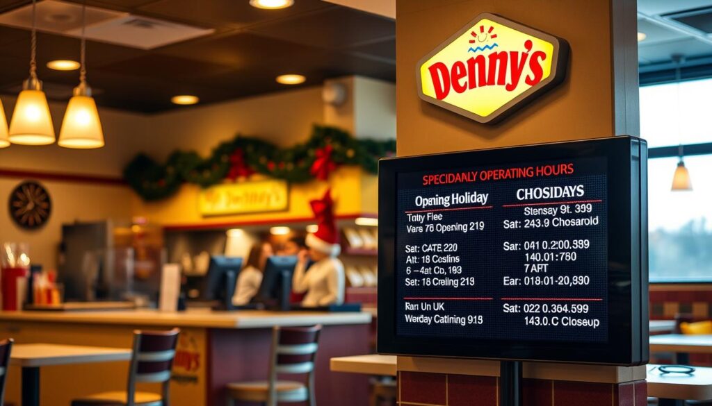 A cozy Denny's diner interior, well-lit with warm, soft lighting. The front counter is adorned with a large digital display board, showcasing the restaurant's special holiday operating hours. The board features a clean, easy-to-read design, with key information like opening and closing times, as well as any variations for different holidays. In the background, the familiar Denny's branding and decor sets the scene, creating a comforting and festive atmosphere. The overall impression is one of welcoming hospitality and clear, accessible information for customers.