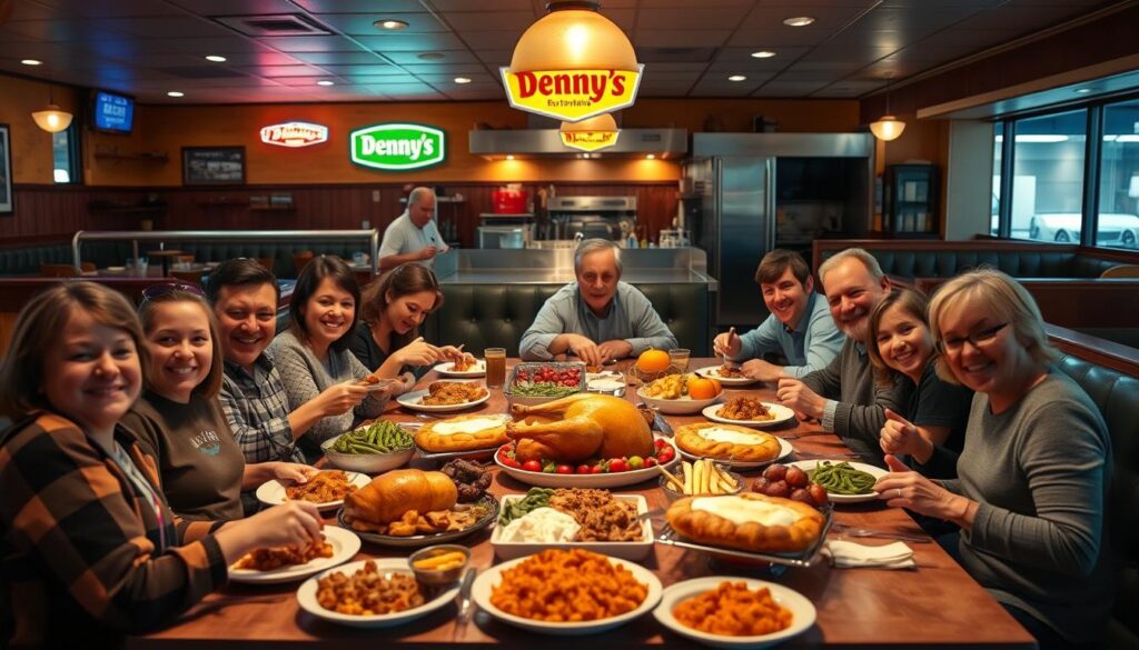 A cozy Denny's restaurant filled with the warmth of family gathering for a Thanksgiving feast. In the foreground, a large table set with a traditional spread - roasted turkey, mashed potatoes, green bean casserole, and pumpkin pie. Smiling faces of all ages surround the table, digging in with delight. The middle ground showcases the rustic, diner-style decor - wood-paneled walls, vinyl booths, and neon signs. Soft lighting casts a welcoming glow, while the background hints at the bustling kitchen where skilled chefs prepare the holiday dishes. An atmosphere of comfort, community, and shared celebration permeates the scene.
