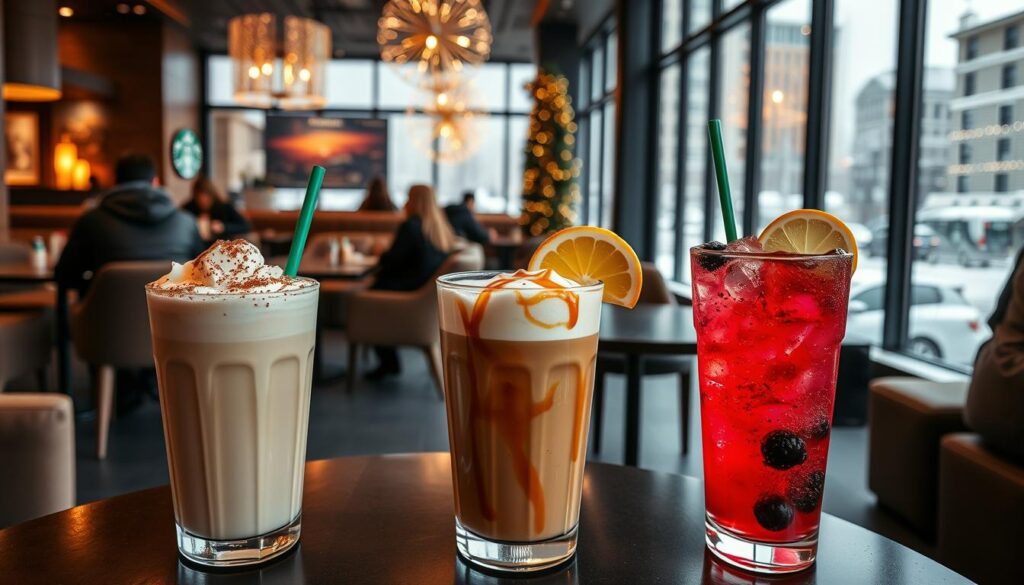 A cozy New Year's Day scene at a Starbucks cafe. In the foreground, an array of festive specialty drinks - a creamy white chocolate mocha with a dusting of cinnamon, a rich caramel macchiato with a drizzle of caramel, and a vibrant berry-infused refresher with a slice of lemon. The middle ground features a sleek, modern Starbucks interior with warm lighting, plush seating, and customers enjoying their beverages. In the background, a snowy cityscape can be seen through large windows, setting a celebratory, wintry atmosphere. The overall mood is one of comfort, indulgence, and the excitement of a new year.