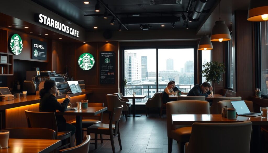 A cozy Starbucks café filled with the aroma of freshly brewed coffee. Warm, soft lighting illuminates the wooden tables and plush armchairs, creating a welcoming atmosphere. In the foreground, a barista skillfully prepares a latte, while customers sit and chat or work on their laptops. The mid-ground showcases the iconic Starbucks logo and menu boards, providing a visual cue for the café's hours of operation. The background depicts a cityscape outside the large windows, hinting at the store's convenient location. The overall scene conveys the reliable, comfortable experience that Starbucks customers have come to expect.