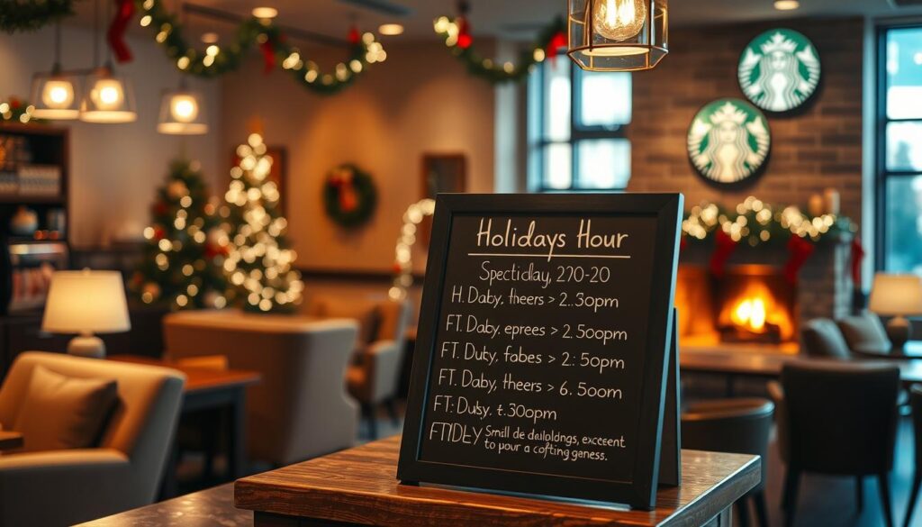A cozy Starbucks cafe interior, bathed in warm holiday lighting and festive decor. The countertop displays a neatly organized chalkboard sign showcasing the special holiday operating hours for this particular location, with details on any exceptions or changes. The atmosphere is inviting, with plush armchairs and a crackling fireplace in the background, creating a sense of comfort and holiday cheer. The lighting is soft and diffused, casting a gentle glow across the scene. The camera angle is slightly elevated, providing a comprehensive view of the space and highlighting the key informational elements.