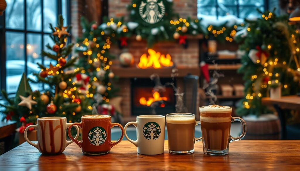 A cozy Starbucks cafe interior on a snowy winter day, with a seasonal drink display showcasing a variety of festive beverages. Steaming mugs of peppermint mocha, gingerbread latte, and eggnog latte sit atop a rustic wooden counter, surrounded by lush greenery, twinkling lights, and a crackling fireplace in the background. The lighting is warm and inviting, creating a festive and atmospheric scene that captures the spirit of the holiday season. The focal point is the array of seasonal drinks, enticing viewers to imagine the rich, comforting flavors.