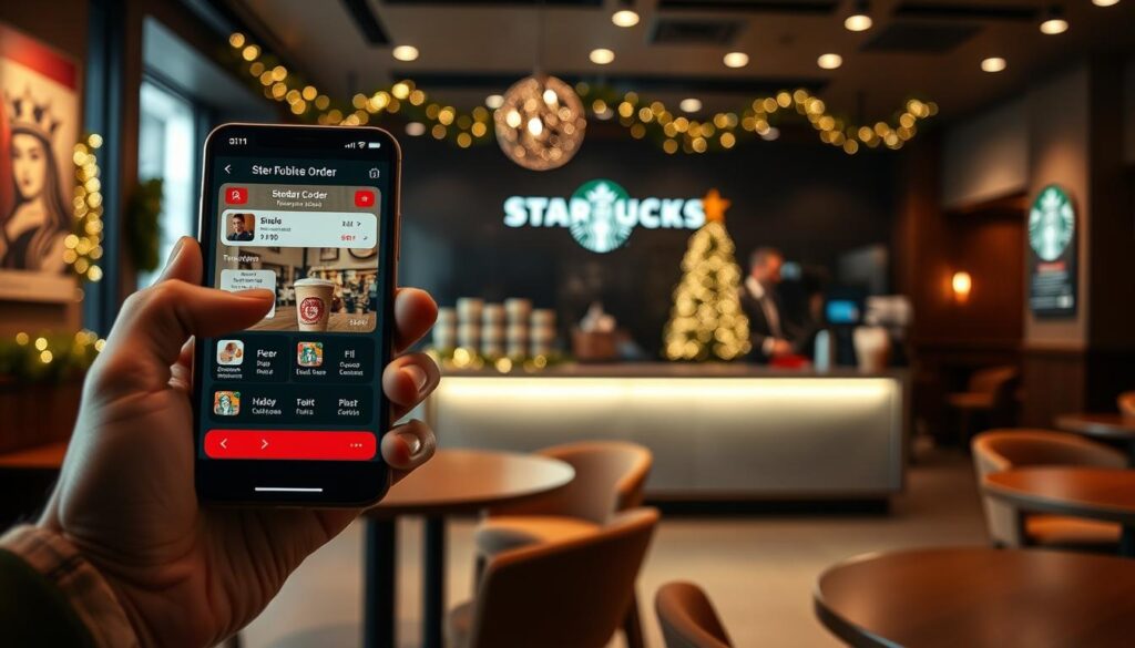 A cozy Starbucks cafe interior, with a prominent display showcasing a mobile ordering screen and holiday-themed decorations. The foreground features a hand holding a smartphone, tapping on the mobile app's order menu. The middle ground depicts a sleek and modern Starbucks counter, adorned with festive garlands, twinkling lights, and a stylized Christmas tree. The background immerses the viewer in a warm, inviting atmosphere, with comfortable seating, subtle lighting, and a sense of holiday cheer. The overall scene conveys a seamless, stress-free mobile ordering experience during the bustling holiday season. A cozy Starbucks cafe interior, with a prominent display showcasing a mobile ordering screen and holiday-themed decorations. The foreground features a hand holding a smartphone, tapping on the mobile app's order menu. The middle ground depicts a sleek and modern Starbucks counter, adorned with festive garlands, twinkling lights, and a stylized Christmas tree. The background immerses the viewer in a warm, inviting atmosphere, with comfortable seating, subtle lighting, and a sense of holiday cheer. The overall scene conveys a seamless, stress-free mobile ordering experience during the bustling holiday season.