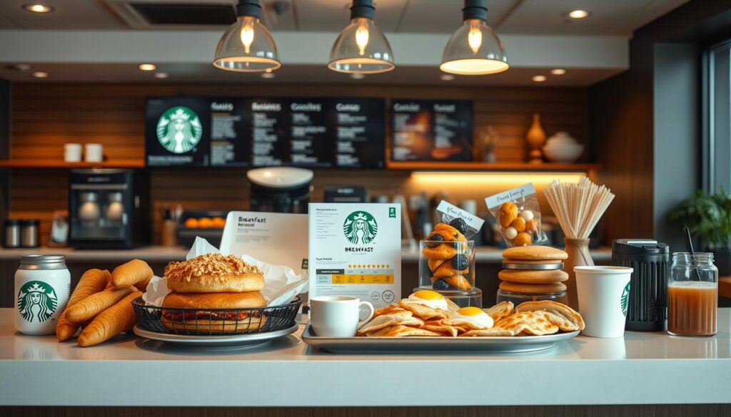 A cozy Starbucks cafe setting, with a well-stocked breakfast menu selection displayed on a clean, modern counter. Warm, diffused lighting bathes the scene, creating a welcoming atmosphere. The menu features an array of tempting options, including flaky croissants, fluffy pancakes, savory egg dishes, and aromatic coffee beverages. The arrangement is visually appealing, with carefully curated food styling and clean, minimalist presentation. The overall composition suggests a relaxed, inviting ambiance perfect for starting the day at Starbucks.