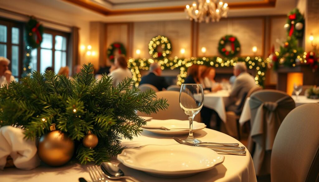 A cozy and festive Christmas Day restaurant setting, with a warm, inviting atmosphere. In the foreground, a well-appointed table setting with fine china, gleaming silverware, and a centerpiece of lush, evergreen foliage. Soft, golden lighting casts a gentle glow, creating a sense of holiday cheer. In the middle ground, patrons dining at linen-draped tables, enjoying a celebratory meal together. The background features a tastefully decorated interior, with twinkling lights, wreaths, and a crackling fireplace, evoking the spirit of the season. The overall impression is one of comfort, indulgence, and the joy of sharing a special holiday meal with loved ones.