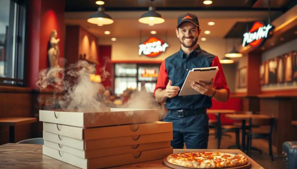 A cozy and inviting Pizza Hut delivery scene. In the foreground, a stack of pizza boxes sits on a wooden table, steam rising from the fresh, piping hot pies. The middle ground features a delivery driver in a crisp uniform, holding a clipboard and smiling warmly as they hand off the order. In the background, the interior of a typical Pizza Hut restaurant is visible, with warm lighting, red and white decor, and the iconic Pizza Hut logo prominently displayed. The overall atmosphere is one of efficiency, hospitality, and the mouthwatering anticipation of a delicious pizza delivery experience.