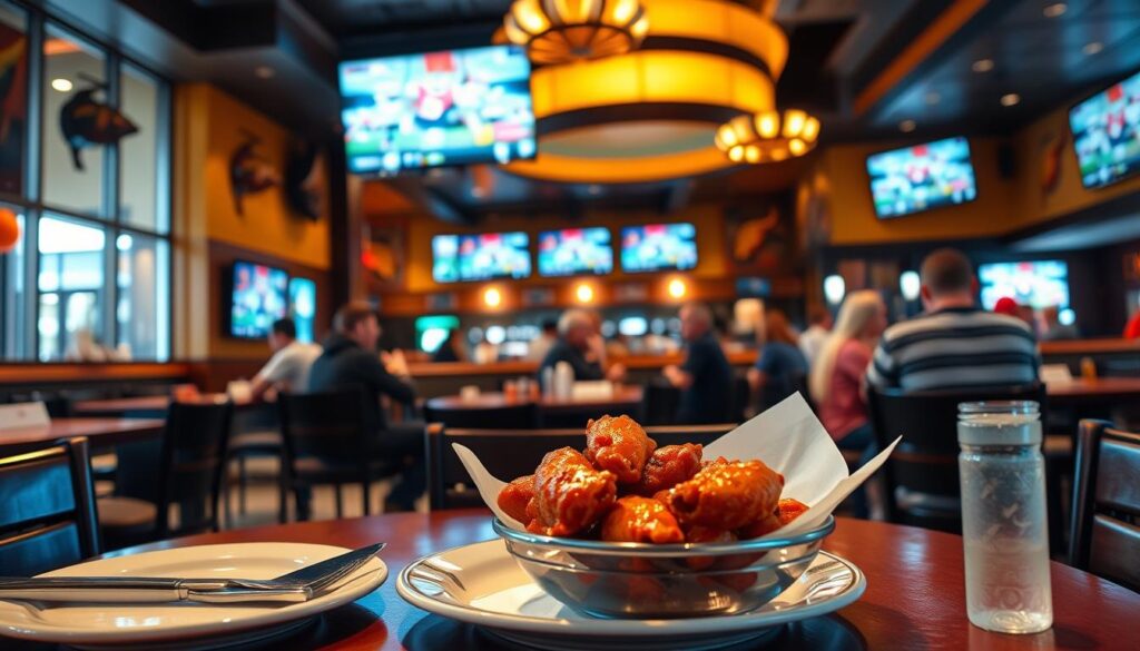 A cozy and inviting dining scene at Buffalo Wild Wings, with a focus on the ideal dining times. In the foreground, a table set with plates, utensils, and a bowl of delicious wings, illuminated by warm, golden lighting. In the middle ground, customers enjoying their meals, engaged in lively conversations. The background features the restaurant's signature decor, with sports memorabilia and large television screens showcasing the latest games. The overall atmosphere conveys a sense of comfort, energy, and the perfect time to savor the best of Buffalo Wild Wings' offerings.