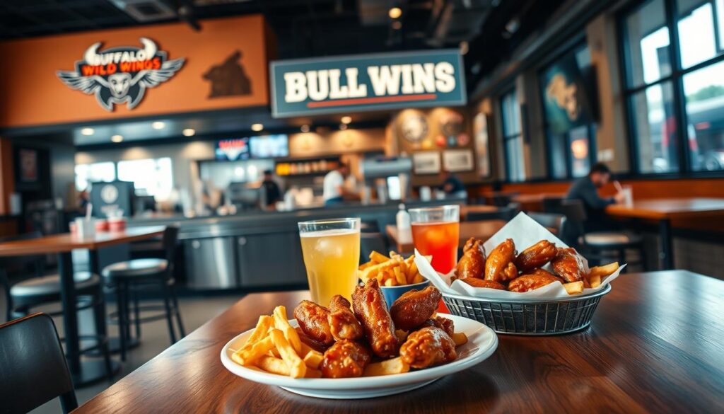 A cozy and inviting scene of a Buffalo Wild Wings restaurant during the lunch hour special. In the foreground, a wooden table is set with a plate of delicious buffalo wings, fries, and a refreshing drink. The middle ground features the bustling open kitchen, with chefs skillfully preparing orders. The background showcases the restaurant's warm and lively atmosphere, with modern decor, sports memorabilia, and large windows that let in natural light. The overall lighting is soft and inviting, creating a welcoming ambiance for diners to enjoy their lunch specials. A cozy and inviting scene of a Buffalo Wild Wings restaurant during the lunch hour special. In the foreground, a wooden table is set with a plate of delicious buffalo wings, fries, and a refreshing drink. The middle ground features the bustling open kitchen, with chefs skillfully preparing orders. The background showcases the restaurant's warm and lively atmosphere, with modern decor, sports memorabilia, and large windows that let in natural light. The overall lighting is soft and inviting, creating a welcoming ambiance for diners to enjoy their lunch specials.