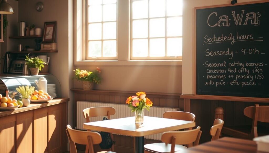 A cozy cafe interior with seasonal variations in operating hours displayed on a chalkboard wall. Warm natural lighting filters through large windows, casting a soft glow on the wooden tables and chairs. Seasonal produce like fresh fruits and flowers adorn the countertops, hinting at the changing menus. The chalkboard features hand-lettered details of the cafe's adjusted hours, reflecting the ebb and flow of customer traffic throughout the year. An air of quiet contemplation and anticipation pervades the space, inviting guests to savor the changing flavors and rhythms of Cava.