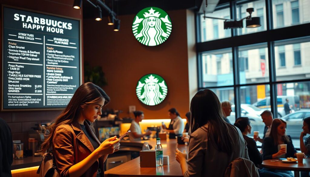 A cozy coffee shop interior, warm lighting illuminating a menu board showcasing &quot;Starbucks Happy Hour&quot; specials. In the foreground, a stylish woman examines the menu, contemplating her order. Surrounding her, patrons sip their discounted drinks, engaged in lively conversation. The middle ground features a sleek counter, baristas efficiently preparing the signature Starbucks beverages. In the background, the iconic Starbucks logo stands out, framed by floor-to-ceiling windows offering a view of a bustling city street. The atmosphere is one of relaxation and savings, inviting the viewer to experience the joy of Starbucks Happy Hour.