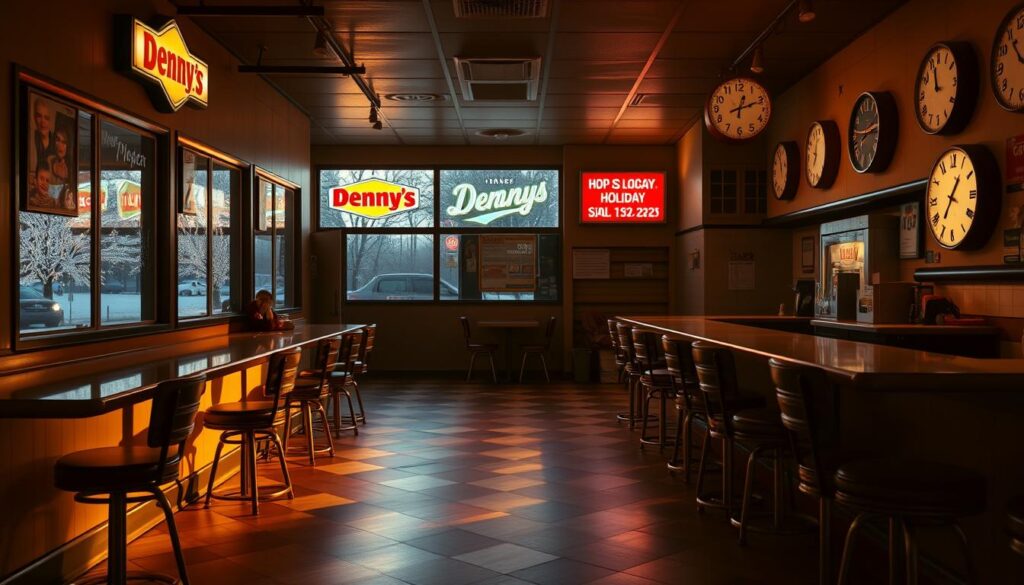 A cozy, dimly lit Denny's diner with neon signs glowing warmly through the frosty windows. The counter is lined with stools, each casting long shadows across the checkerboard tile floor. On the walls, framed vintage advertisements and clocks display a range of holiday hours - some open 24/7, others with varying reduced schedules. The atmosphere is both nostalgic and inviting, hinting at the local variations in Denny's holiday offerings. Soft, golden lighting illuminates the scene, creating a sense of comfort and familiarity. The overall mood is one of holiday cheer and small-town charm. A cozy, dimly lit Denny's diner with neon signs glowing warmly through the frosty windows. The counter is lined with stools, each casting long shadows across the checkerboard tile floor. On the walls, framed vintage advertisements and clocks display a range of holiday hours - some open 24/7, others with varying reduced schedules. The atmosphere is both nostalgic and inviting, hinting at the local variations in Denny's holiday offerings. Soft, golden lighting illuminates the scene, creating a sense of comfort and familiarity. The overall mood is one of holiday cheer and small-town charm.