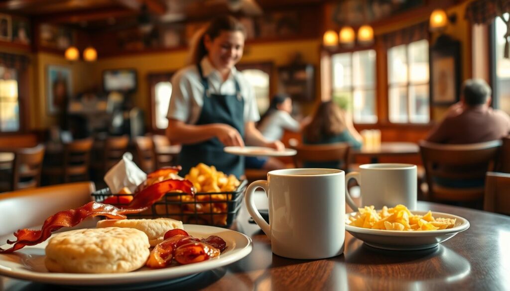 A cozy diner interior bathed in warm, natural lighting. The foreground features a table set with a classic Cracker Barrel breakfast spread - fluffy biscuits, crispy bacon, golden hash browns, and a steaming mug of coffee. The middle ground showcases a friendly server delivering a hearty meal to a satisfied customer. In the background, wooden accents and rustic decor evoke the charming ambiance of the Cracker Barrel experience. The overall scene radiates the comforting nostalgia and inviting atmosphere of a quintessential country-style breakfast.