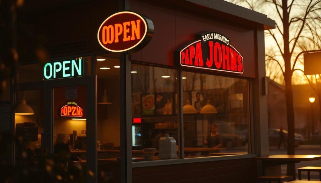 A cozy early morning scene at a Papa John's restaurant, with warm lighting and a soft, inviting atmosphere. The storefront is bathed in the gentle glow of the dawn, the "OPEN" sign flickering to life. Inside, the counters are neatly set, awaiting the first customers of the day. The aroma of freshly baked pizza and fragrant coffee fills the air, enticing passersby to step in and enjoy the "Early Bird Specials." The scene conveys a sense of anticipation and the promise of a delicious start to the day. A cozy early morning scene at a Papa John's restaurant, with warm lighting and a soft, inviting atmosphere. The storefront is bathed in the gentle glow of the dawn, the "OPEN" sign flickering to life. Inside, the counters are neatly set, awaiting the first customers of the day. The aroma of freshly baked pizza and fragrant coffee fills the air, enticing passersby to step in and enjoy the "Early Bird Specials." The scene conveys a sense of anticipation and the promise of a delicious start to the day.