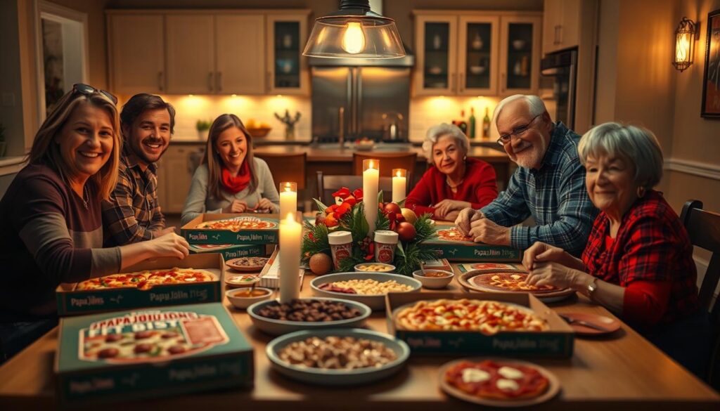 A cozy family gathering around a spacious dining table, with a bountiful spread of Papa John's pizza boxes and side dishes. The scene is bathed in warm, soft lighting, creating an inviting and homely atmosphere. In the foreground, a smiling family - parents, children, and grandparents - enjoying a meal together, their faces illuminated by the flickering candlelight. In the middle ground, the table is adorned with festive decorations, complementing the rich, savory aromas wafting through the air. The background features a well-appointed kitchen, with sleek appliances and elegant cabinetry, hinting at the care and attention that goes into preparing the family's favorite Papa John's meal.