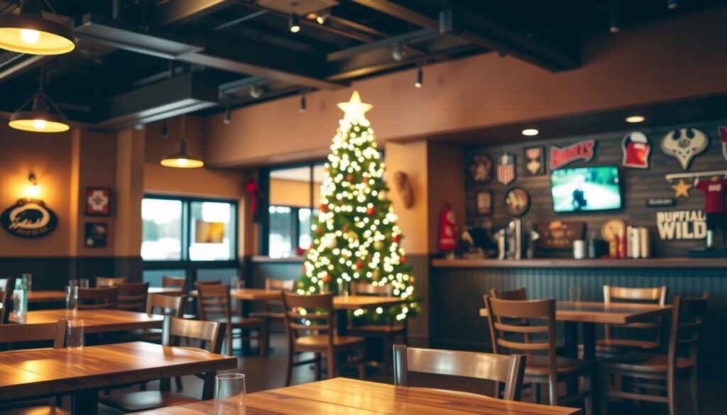 A cozy, festive interior of a Buffalo Wild Wings restaurant during the holiday season. In the foreground, a clean, well-lit dining area with rustic wooden tables and chairs. Warm lighting from overhead fixtures casts a golden glow, creating a inviting atmosphere. In the middle ground, a decorated holiday tree adorned with twinkling lights and ornaments stands near the counter, reflecting the seasonal cheer. The background features a wall displaying the restaurant's signature sports memorabilia, hinting at the typical ambiance. The overall scene conveys a sense of comfort and holiday hospitality, setting the stage for the &quot;Holiday Season Closing Hours&quot; section of the article.