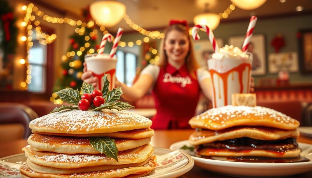 A cozy, festive scene of Denny's holiday promotions. In the foreground, a stack of pancakes adorned with holly and a dusting of powdered sugar. In the middle ground, a cheerful waitress presents a holiday-themed milkshake, complete with a candy cane stirrer. The background features a warm, rustic diner interior, with twinkling string lights and a Christmas tree decked out in ornaments. The lighting is soft and inviting, creating a welcoming atmosphere. The overall mood is one of holiday cheer and indulgence, perfectly capturing Denny's special seasonal offerings.