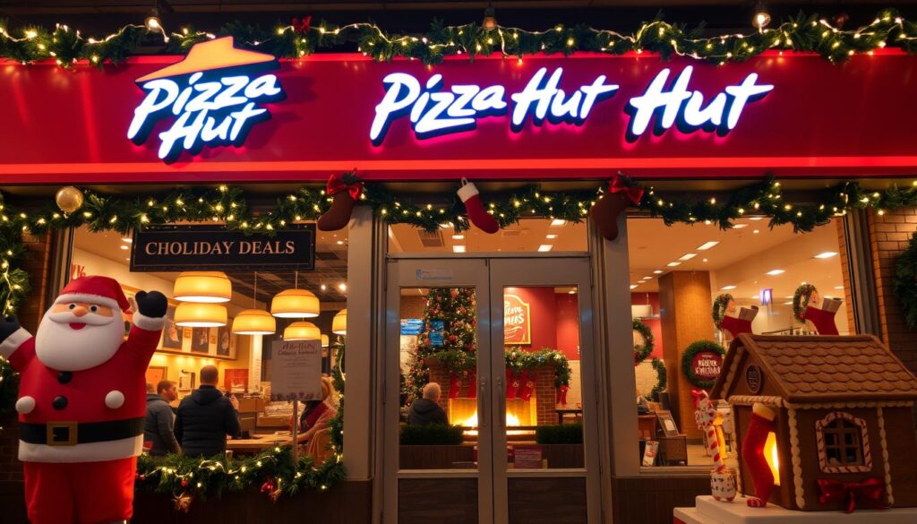 A cozy, festive scene of a Pizza Hut restaurant on Christmas Eve. The exterior is adorned with twinkling string lights, a large inflatable Santa, and a "Holiday Deals" banner. Through the windows, patrons can be seen enjoying a cheerful atmosphere, with the warm glow of Christmas tree lights and a crackling fireplace visible. The interior features seasonal decorations, including garlands, stockings, and a life-size gingerbread model of the restaurant. The scene is captured with a wide-angle lens, creating a sense of inviting warmth and holiday cheer.