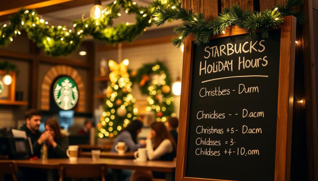 A cozy, festive scene showcasing the Starbucks holiday hours on Christmas Eve and Christmas Day. The image depicts a warm, inviting Starbucks cafe with a rustic, winter-inspired interior. In the foreground, a chalkboard sign displays the special holiday hours, framed by garlands and twinkling string lights. The middle ground features customers sipping on hot beverages, with a Christmas tree and holiday-themed decor in the background. The lighting is soft and golden, creating a welcoming, atmospheric ambiance. The overall mood is one of seasonal cheer and holiday spirit, capturing the essence of Starbucks' holiday operations. A cozy, festive scene showcasing the Starbucks holiday hours on Christmas Eve and Christmas Day. The image depicts a warm, inviting Starbucks cafe with a rustic, winter-inspired interior. In the foreground, a chalkboard sign displays the special holiday hours, framed by garlands and twinkling string lights. The middle ground features customers sipping on hot beverages, with a Christmas tree and holiday-themed decor in the background. The lighting is soft and golden, creating a welcoming, atmospheric ambiance. The overall mood is one of seasonal cheer and holiday spirit, capturing the essence of Starbucks' holiday operations.