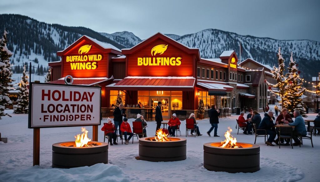 A cozy, festive winter scene featuring a Buffalo Wild Wings restaurant nestled amidst a snowy landscape. The building is illuminated by warm, inviting lighting, with a large &quot;Holiday Location Finder&quot; sign displayed prominently in the foreground. Families and friends gather around outdoor fire pits, sipping hot beverages and enjoying the holiday atmosphere. In the background, a picturesque mountain range frames the scene, dusted with a layer of pristine white snow. The composition is balanced and the lighting is soft, creating a serene and welcoming ambiance that captures the spirit of the holiday season at Buffalo Wild Wings.