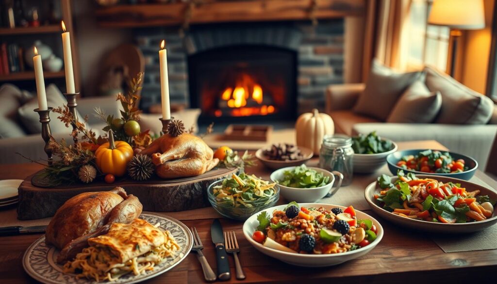 A cozy, intimate Thanksgiving feast set in a warm, inviting home. In the foreground, a beautifully laid table with a rustic, wooden centerpiece filled with autumn foliage, candlesticks, and an assortment of seasonal produce. Mid-ground features a mix of traditional and non-traditional dishes, such as roasted turkey, vegetarian lasagna, and a vibrant salad. The background showcases a crackling fireplace, with plush seating and soft lighting creating a comforting, relaxed atmosphere. The overall scene evokes a sense of togetherness and comfort, offering an alternative to the traditional Thanksgiving dining experience.