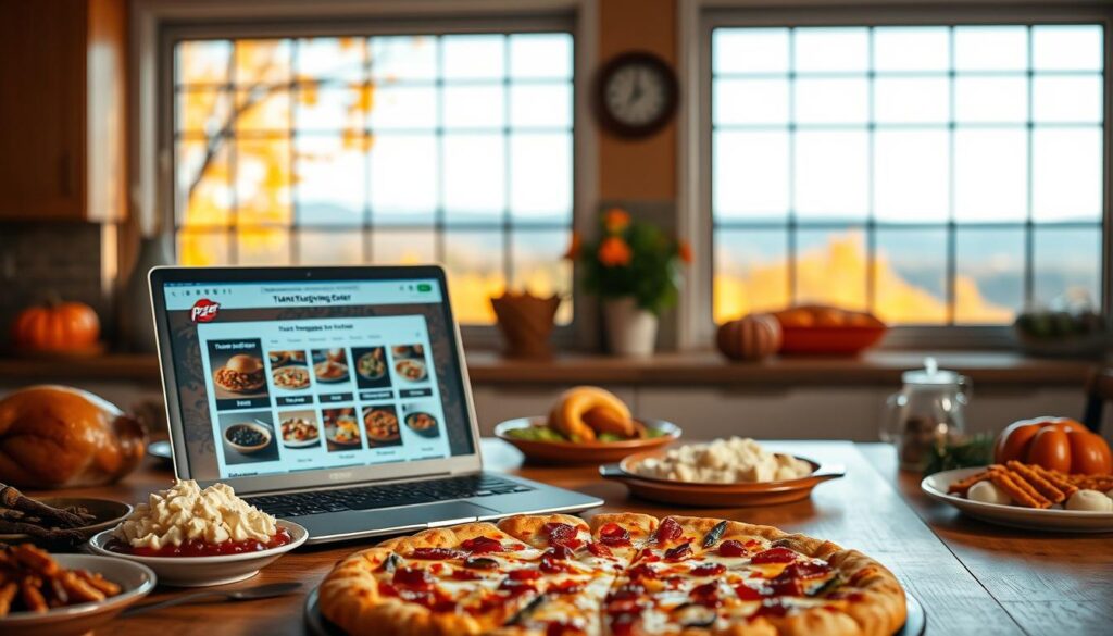 A cozy kitchen scene with a warm, inviting ambiance. In the foreground, a family-sized pizza box sits atop a wooden table, surrounded by traditional Thanksgiving dishes like turkey, mashed potatoes, and cranberry sauce. In the middle ground, a laptop or tablet displays a Pizza Hut online ordering interface, showcasing a range of customizable options for the Thanksgiving feast. The background features a window overlooking a scenic autumn landscape, with golden leaves and a clear, blue sky. The lighting is soft and diffused, creating a comforting atmosphere. The overall mood conveys the ease and convenience of planning a Pizza Hut Thanksgiving order amidst the traditional holiday setting.