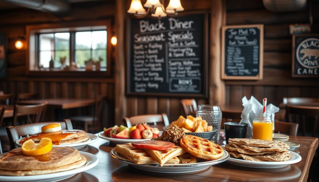 A cozy, rustic interior of a Black Bear Diner restaurant, showcasing their seasonal breakfast menu displayed on a large chalkboard. Soft, warm lighting illuminates the wooden tables and chairs, creating a welcoming atmosphere. In the foreground, a variety of seasonal breakfast items are artfully arranged, including pancakes, waffles, and fresh fruit. The middle ground features the chalkboard menu with handwritten specials and regional offerings. The background captures the diner's signature bear-themed decor, with wooden accents and earth-toned colors that evoke a sense of mountain retreat. The overall scene conveys a sense of homey comfort and seasonal delight.