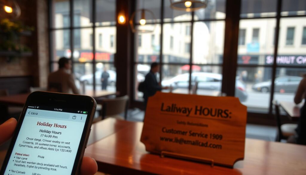 A cozy, softly-lit interior of a modern restaurant showcasing various ways to verify current operating hours. In the foreground, a smartphone displays a webpage with Cava's holiday hours. In the middle ground, a customer service phone number and email address are prominently displayed on a wooden plaque. The background features large windows overlooking a bustling city street, creating a warm and inviting atmosphere. The lighting is subtle, creating a calm and welcoming ambiance. The scene conveys a sense of ease and accessibility in finding Cava's up-to-date business hours. A cozy, softly-lit interior of a modern restaurant showcasing various ways to verify current operating hours. In the foreground, a smartphone displays a webpage with Cava's holiday hours. In the middle ground, a customer service phone number and email address are prominently displayed on a wooden plaque. The background features large windows overlooking a bustling city street, creating a warm and inviting atmosphere. The lighting is subtle, creating a calm and welcoming ambiance. The scene conveys a sense of ease and accessibility in finding Cava's up-to-date business hours.