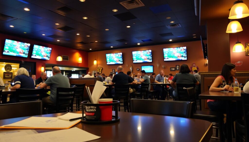 A cozy, well-lit interior of a Buffalo Wild Wings restaurant on a Saturday evening. The foreground features a neatly arranged table with a menu, napkins, and a condiment caddy. In the middle ground, patrons are seated at high-top tables, enjoying wings, beer, and conversation against a backdrop of sports memorabilia and flat-screen TVs showcasing the latest games. Warm, inviting lighting casts a soft glow, creating an atmosphere of relaxation and camaraderie. The image conveys the weekend vibe and the energy of a popular casual dining establishment.
